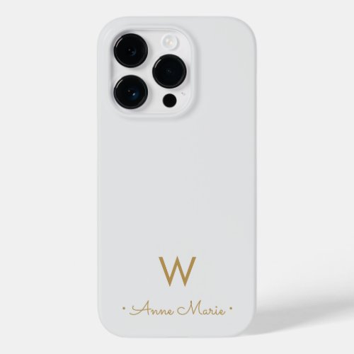 Modern Light Gray Gold Script Monogram Case_Mate iPhone 14 Pro Case