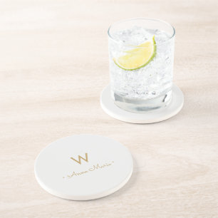 Modern Light Gray Gold Script Monogram Coaster
