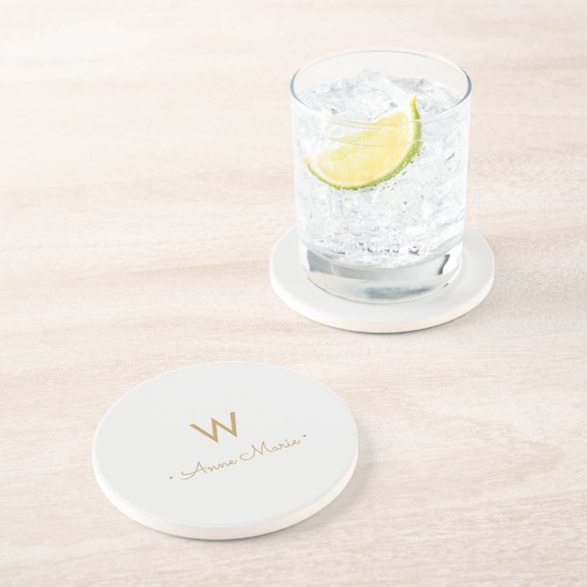 Modern Light Gray Gold Script Monogram Coaster (Side)