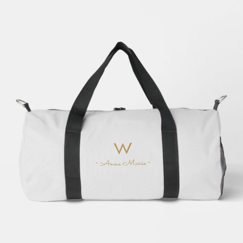 Modern Light Gray Gold Script Monogram Duffle Bag