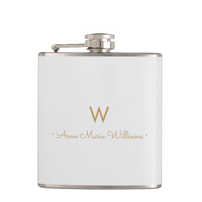 Modern Light Gray Gold Script Monogram Flask (Front)