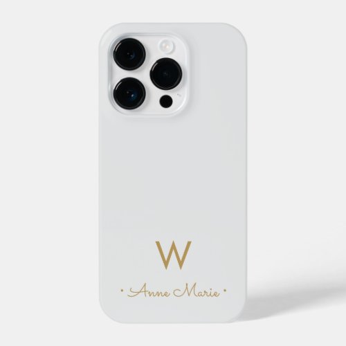 Modern Light Gray Gold Script Monogram iPhone 14 Pro Case