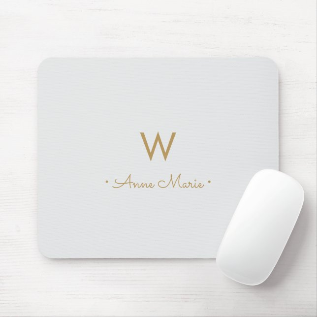 Modern Light Gray Gold Script Monogram Mouse Pad (With Mouse)