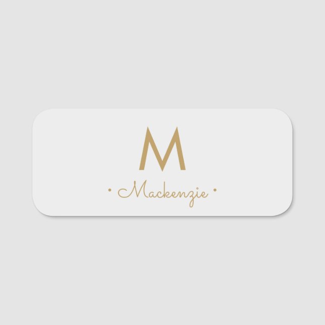 Modern Light Gray Gold Script Monogram Name Tag (Front)