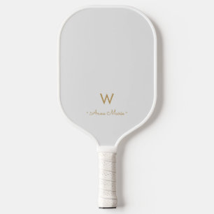 Modern Light Gray Gold Script Monogram Pickleball Paddle