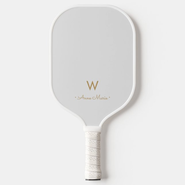Modern Light Gray Gold Script Monogram Pickleball Paddle (Front)