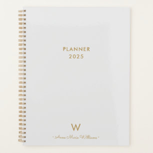 Modern Light Gray Gold Script Monogram Planner