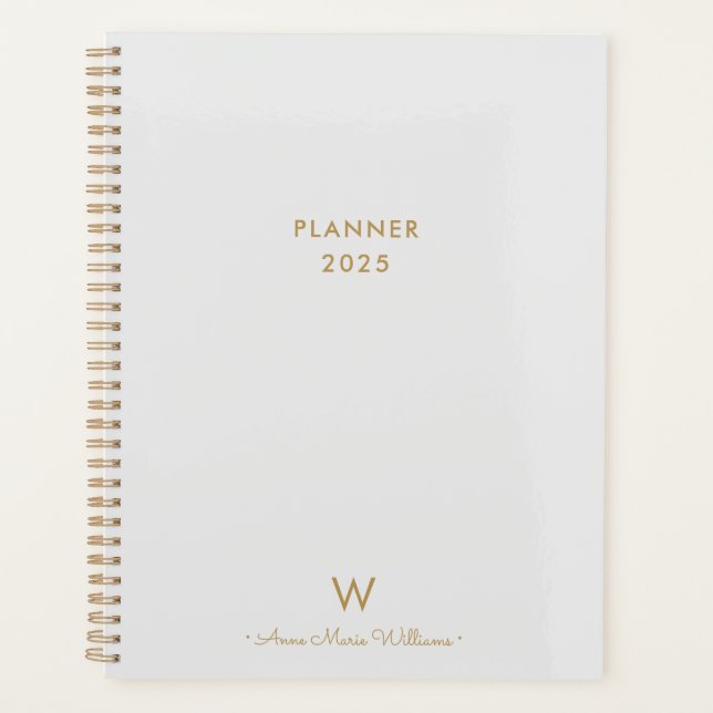 Modern Light Gray Gold Script Monogram Planner (Front)