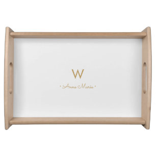 Modern Light Gray Gold Script Monogram Serving Tray
