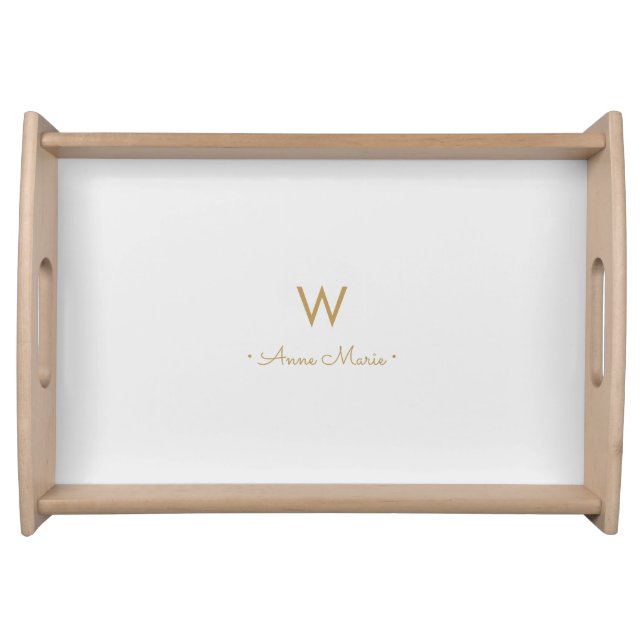 Modern Light Gray Gold Script Monogram Serving Tray (Front)