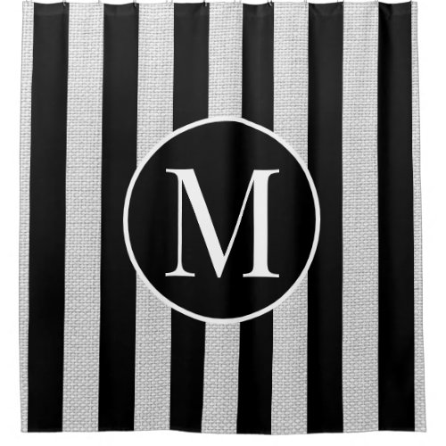 Modern Light Gray Linen Black Stripes Monogram Shower Curtain