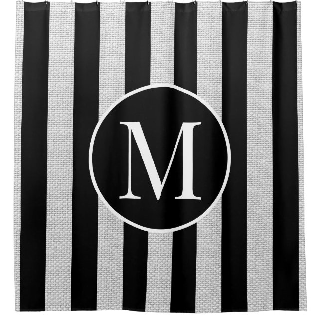 Modern Light Gray Linen Black Stripes Monogram Shower Curtain (Front)