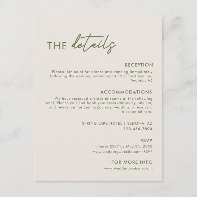 Modern Light Gray & Olive Green Wedding Details Enclosure Card (Front)