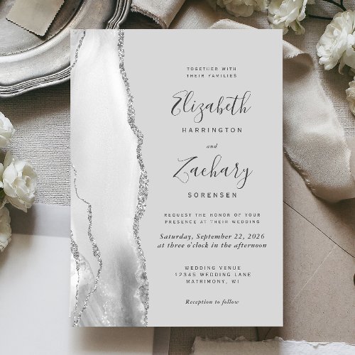 Modern Light Gray Silver Agate Wedding Invitation