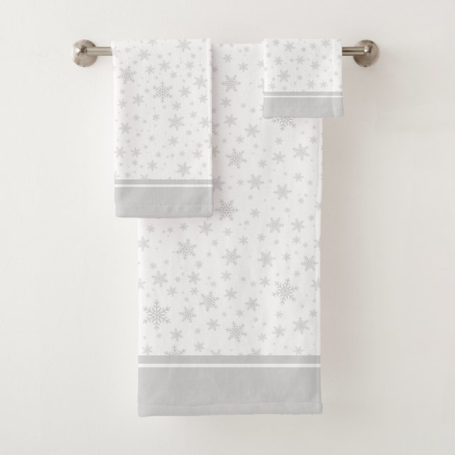 Modern Light Gray Snowflakes on White Bath Towel S (Insitu)