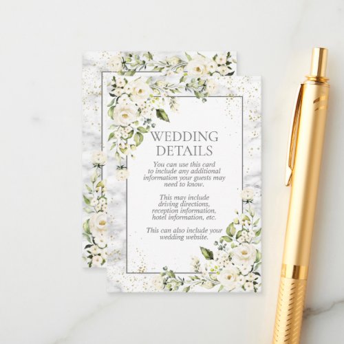 Modern Light Gray White Floral Gold Marble Details Enclosure Card