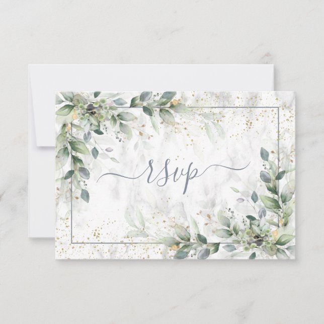 Modern Light Gray White Floral Gold Marble RSVP (Front)