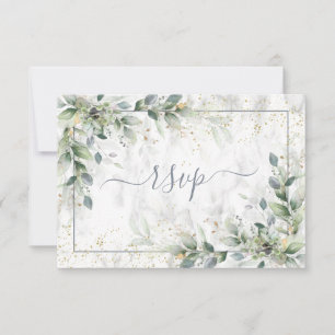 Modern Light Gray White Floral Gold Marble RSVP Card