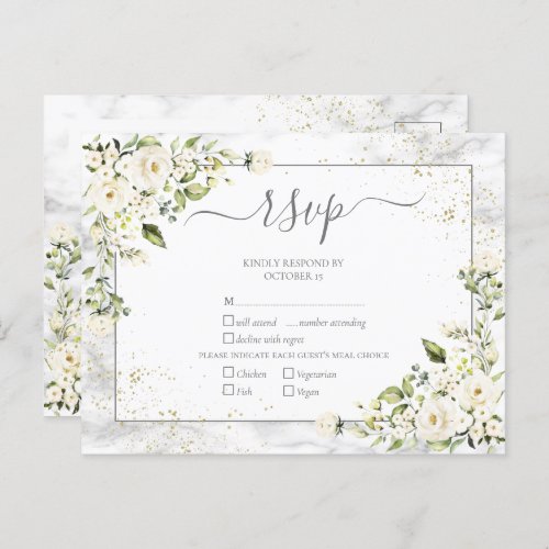 Modern Light Gray White Floral Gold Marble RSVP Invitation Postcard