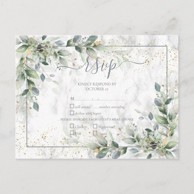 Modern Light Gray White Floral Gold Marble RSVP Invitation Postcard (Front)