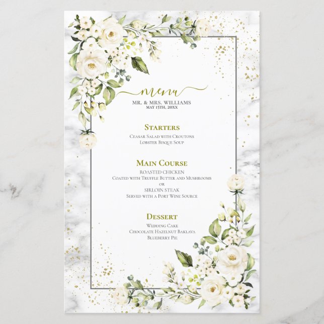 Modern Light Gray White Floral Gold Marble Wedding (Front)