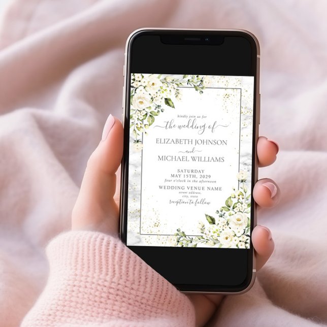 Modern Light Gray White Floral Gold Marble Wedding Invitation (Creator Uploaded)