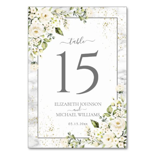 Modern Light Gray White Floral Gold Marble Wedding Table Number