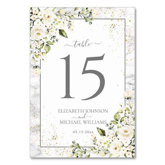 Modern Light Gray White Floral Gold Marble Wedding Table Number (Front)