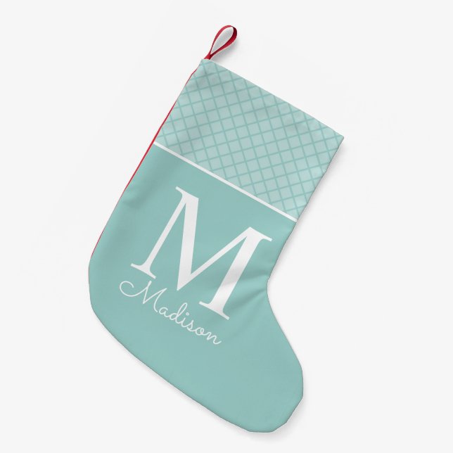 Modern light green checkered pattern name monogram small christmas stocking (Front (Hanging))