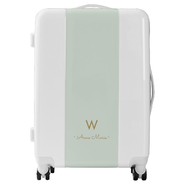 Modern Light Green Gold Minimalist Monogram Luggage (Front)
