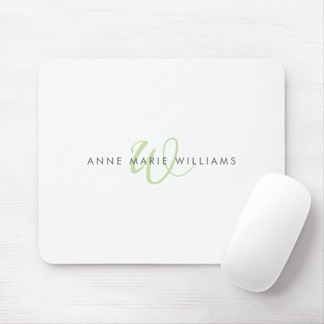 Modern Light Green Script Monogram Mouse Pad (With Mouse)