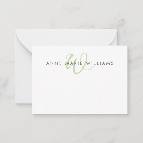 Modern Light Green Script Monogram Note Card