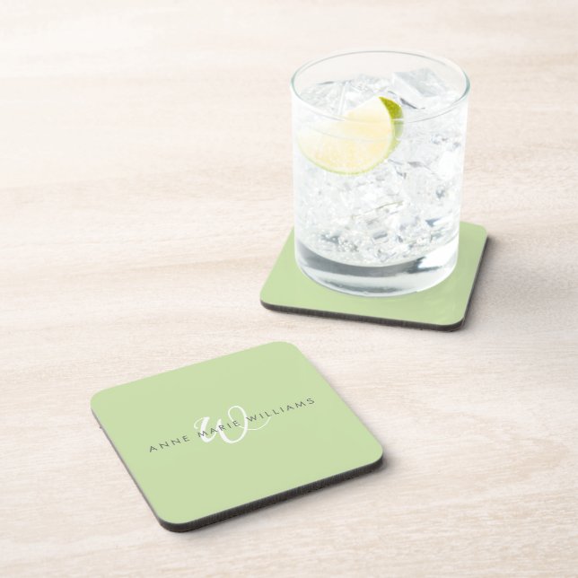 Modern Light Green White Script Monogram Beverage Coaster (Right Side)