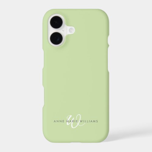 Modern Light Green White Script Monogram iPhone 17 Case