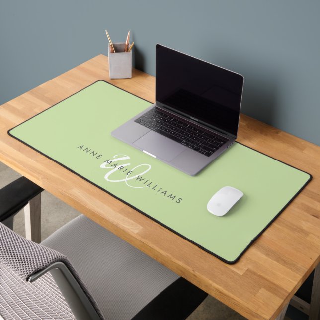 Modern Light Green White Script Monogram Desk Mat (Office 2)
