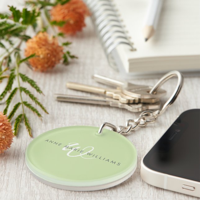 Modern Light Green White Script Monogram Keychain (Front Right)