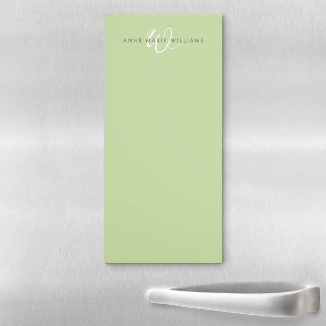 Modern Light Green White Script Monogram Magnetic Notepad (In Situ)
