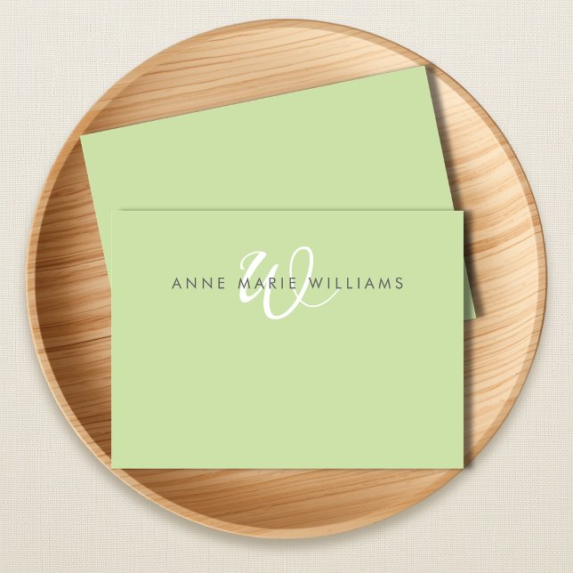 Modern Light Green White Script Monogram Note Card (Creator Uploaded)
