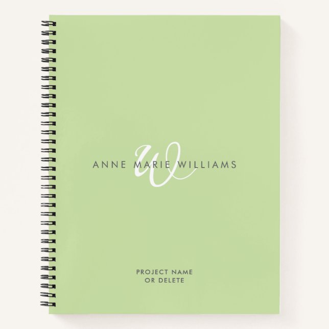 Modern Light Green White Script Monogram Notebook (Front)