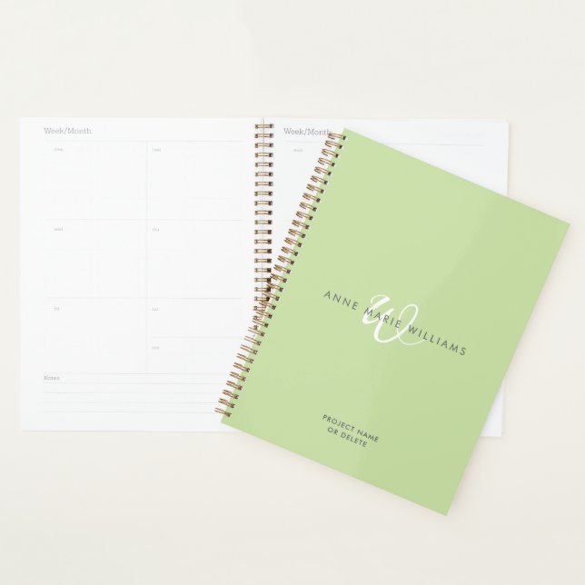 Modern Light Green White Script Monogram Planner (Display)