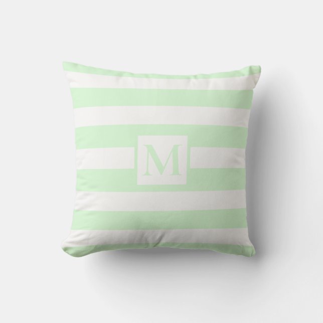 Modern light green white strips monogram outdoor pillow (Front)