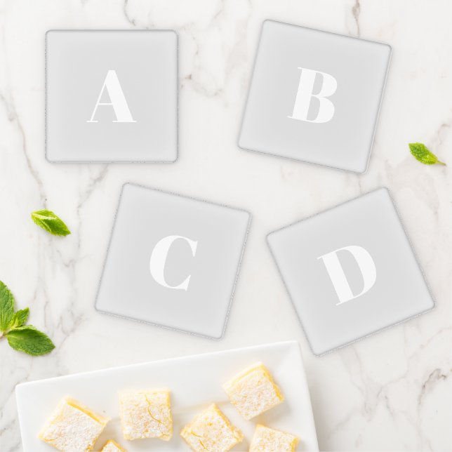Modern light grey custom monogram initial coaster set (In Situ)