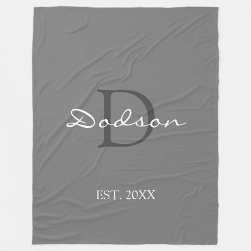 Modern Light Grey Script Lettered Monogram Name Fleece Blanket