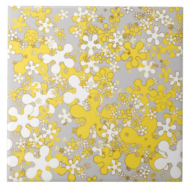 Modern light grey, white, mustard yellow, flower ceramic tile (Front)