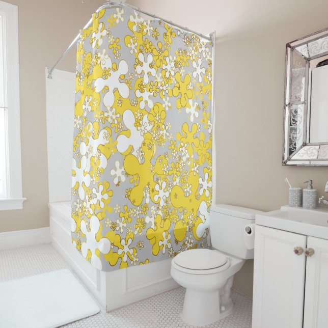Modern light grey, white, mustard yellow, flower shower curtain (In Situ)
