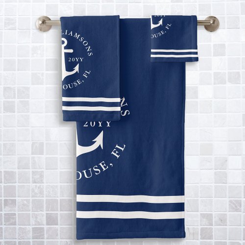 Modern Light Navy Blue White Nautical Anchor Bath Towel Set