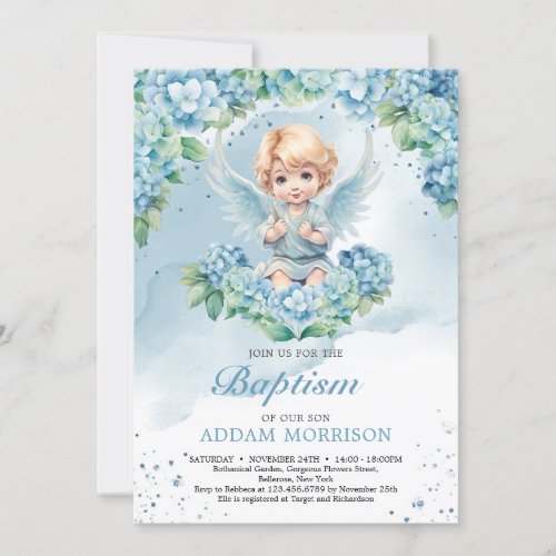 Modern Light pastel blue hydrangea boy angel  Invitation