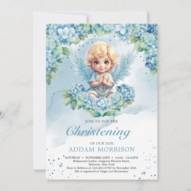 Modern Light pastel blue hydrangea boy angel  Invitation (Front)