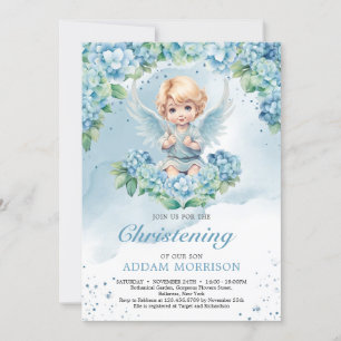 Modern Light pastel blue hydrangea boy angel Invitation