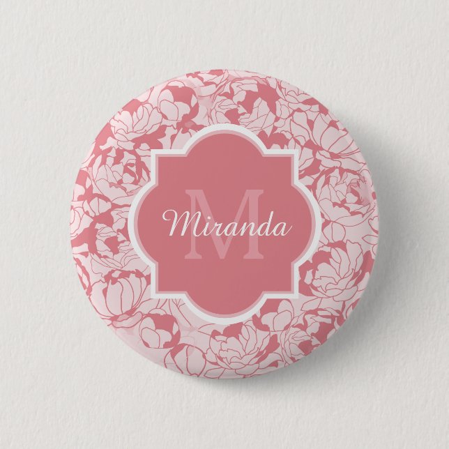 Modern Light Pink Floral Girly Monogram With Name Button (Front)